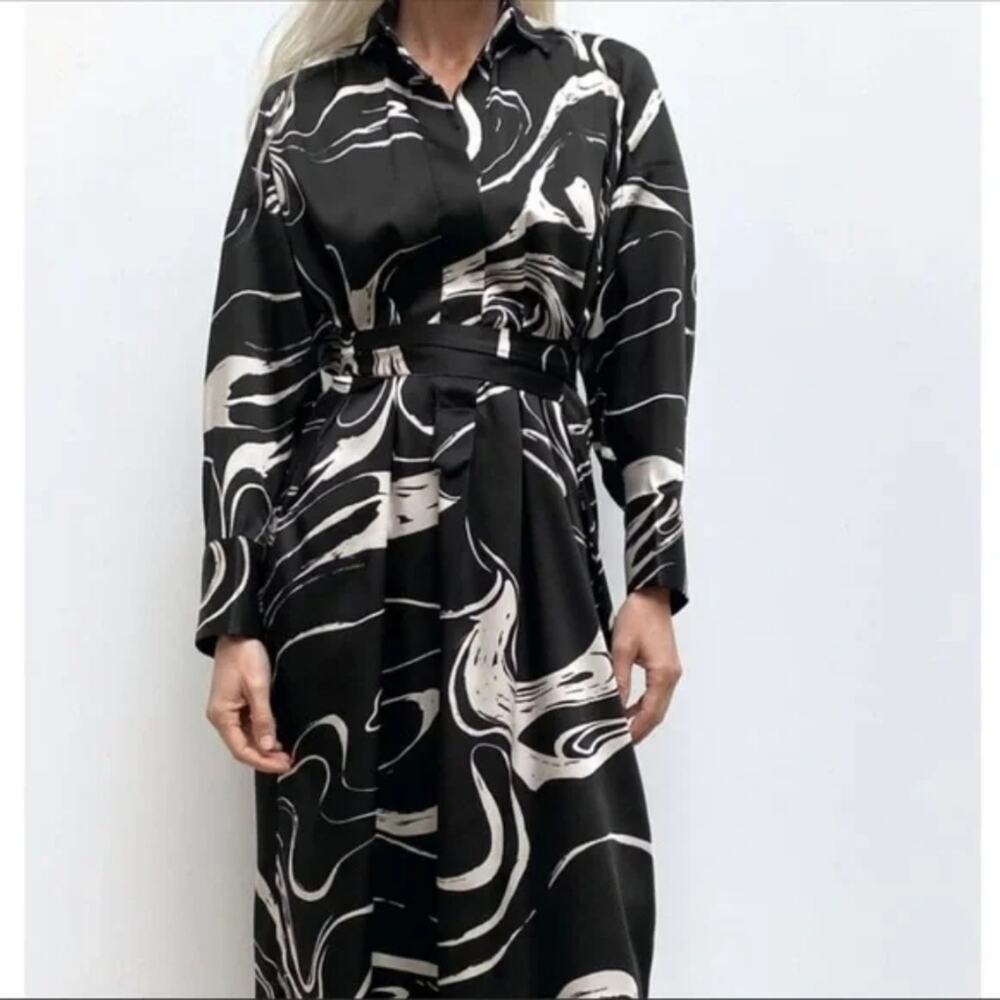 Zara Black and White Long Sleeve Shirt Dress
